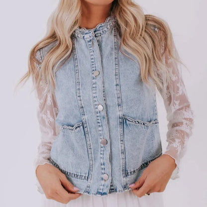 Fan-shaped Trim Patch Pocket Button Front Denim Vest
