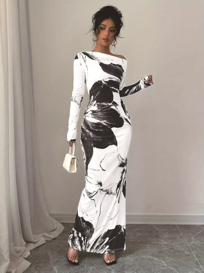 Floral One Shoulder Long Sleeve Maxi Dress