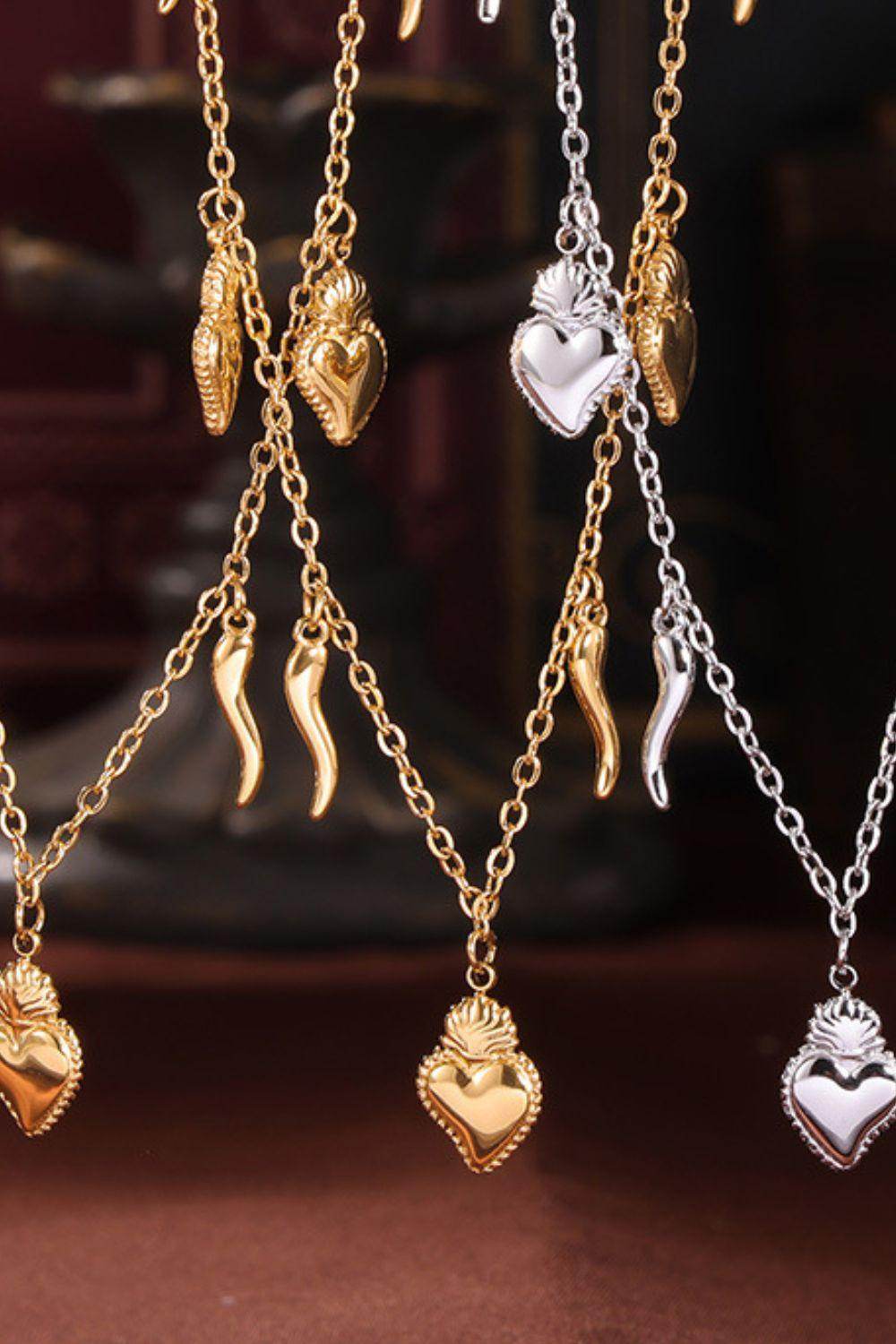 Stainless Steel Heart Charm Bracelet and Necklace Set Gift