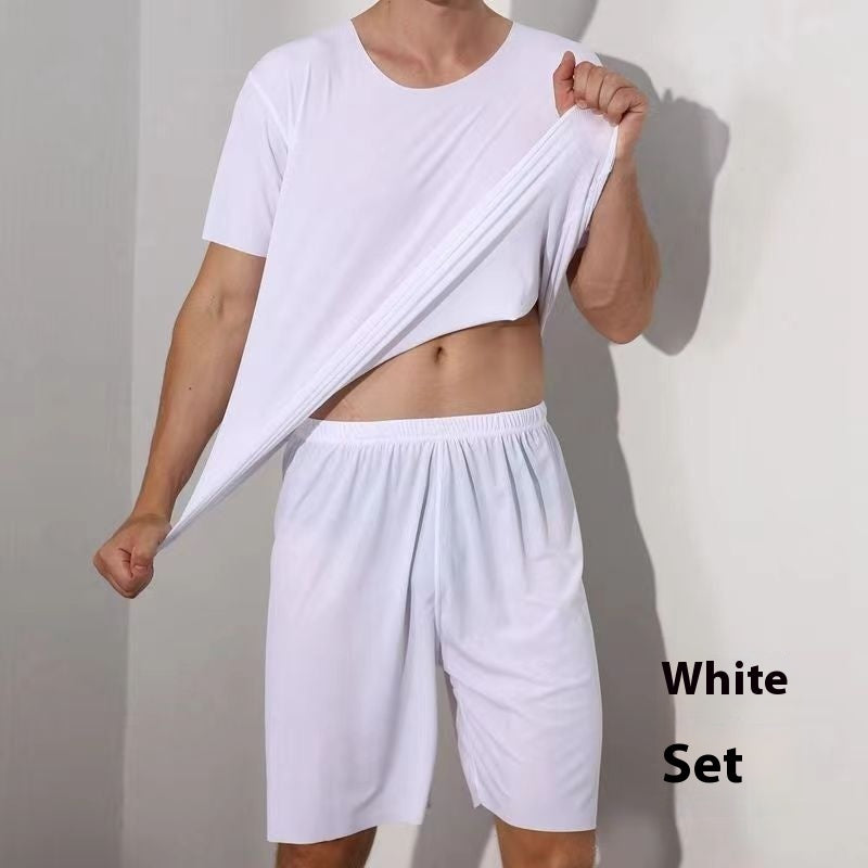 Advanced Ice Silk Round Neck Solid Color Short Sleeve Shorts Suit