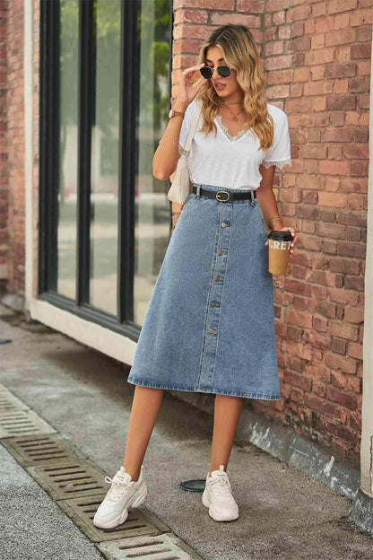 Button Front A-Line Denim Skirt for Casual Style Wear