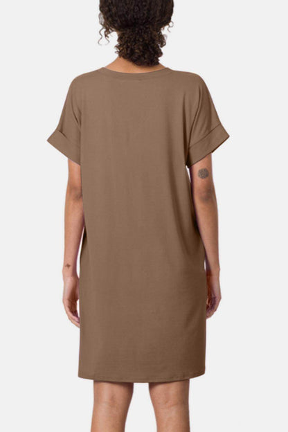 Zenana Rolled Short Sleeve V-Neck Dress for Casual Style