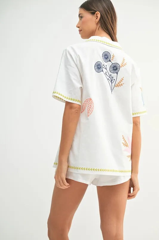 MABLE Embroidered Button Down Shirt and Shorts Set