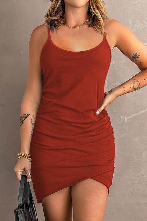 Spaghetti Strap Ruched Mini Dress in Opaque Fabric
