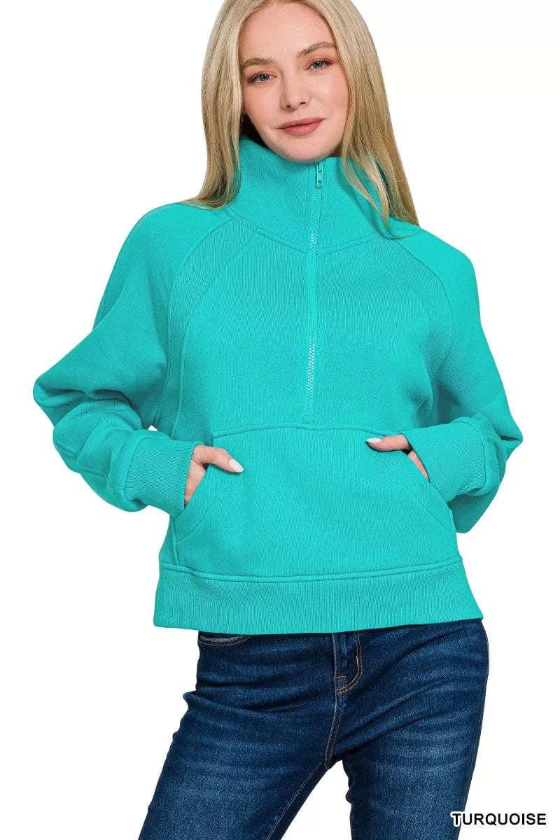 Zenana Fleece Half Zip Kangaroo Pocket Sweatshirts