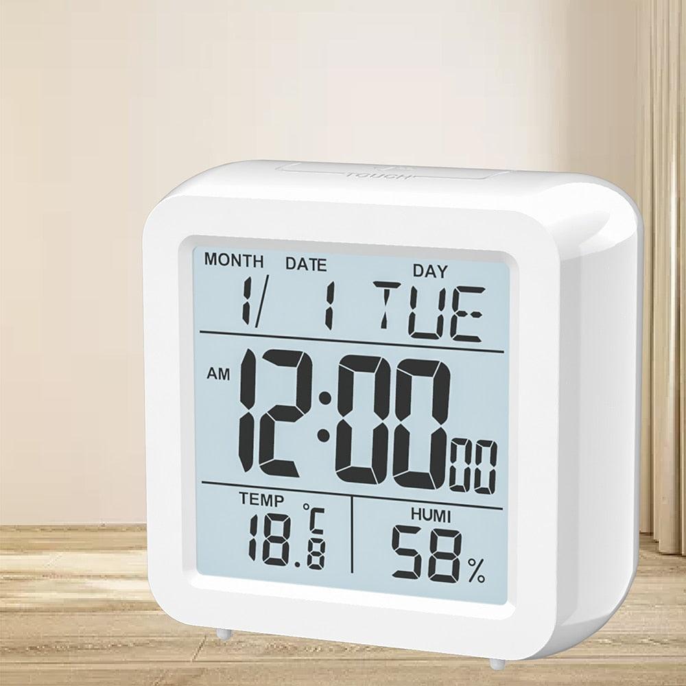 Digital Desktop LCD Snooze Calendar Alarm clock Digital Desktop Clock Electronic Digital Alarm Clocks for Bedroom Home Decor LCD Screen with Time/Calendar/Temperature Display White Bedroom Watch with Thermometer &amp; Hygrometer for Home  Battery Operated