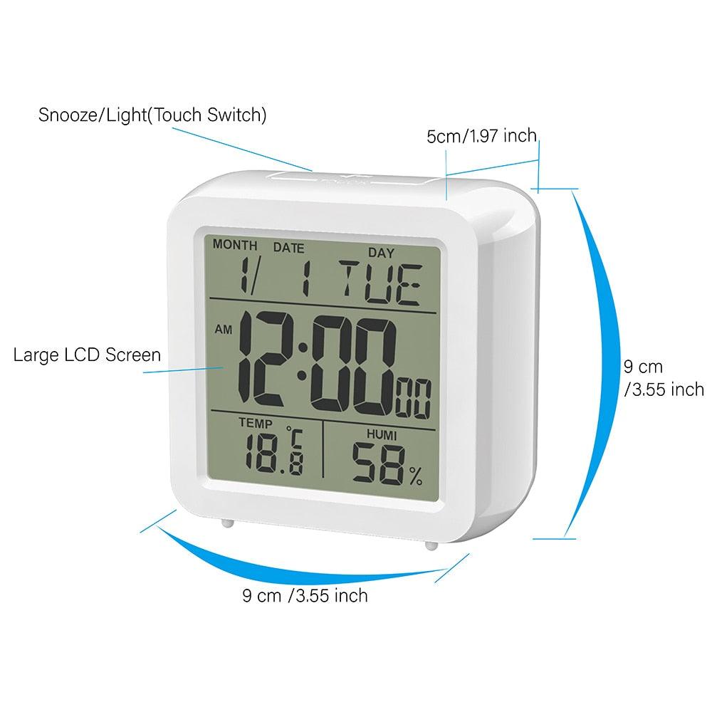 Digital Desktop LCD Snooze Calendar Alarm clock Digital Desktop Clock Electronic Digital Alarm Clocks for Bedroom Home Decor LCD Screen with Time/Calendar/Temperature Display White Bedroom Watch with Thermometer &amp; Hygrometer for Home  Battery Operated