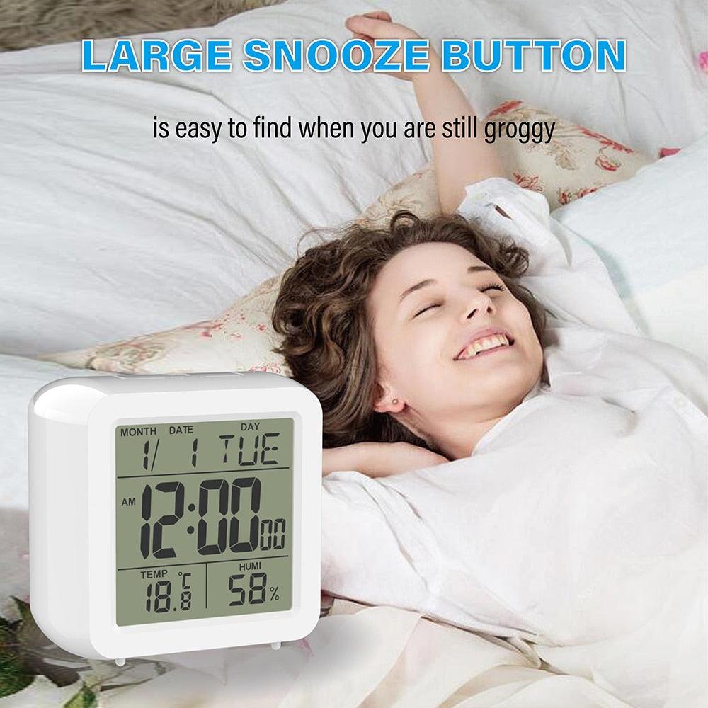 Digital Desktop LCD Snooze Calendar Alarm clock Digital Desktop Clock Electronic Digital Alarm Clocks for Bedroom Home Decor LCD Screen with Time/Calendar/Temperature Display White Bedroom Watch with Thermometer &amp; Hygrometer for Home  Battery Operated