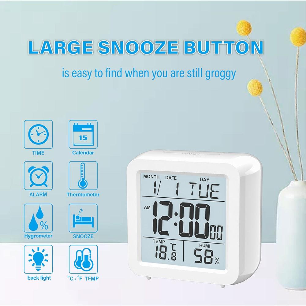Digital Desktop LCD Snooze Calendar Alarm clock Digital Desktop Clock Electronic Digital Alarm Clocks for Bedroom Home Decor LCD Screen with Time/Calendar/Temperature Display White Bedroom Watch with Thermometer &amp; Hygrometer for Home  Battery Operated