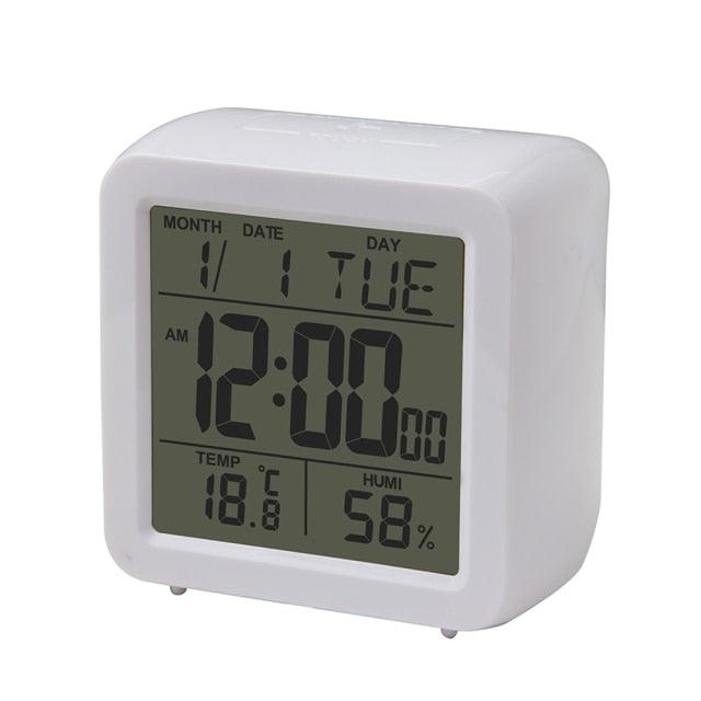 Digital Desktop LCD Snooze Calendar Alarm clock Digital Desktop Clock Electronic Digital Alarm Clocks for Bedroom Home Decor LCD Screen with Time/Calendar/Temperature Display White Bedroom Watch with Thermometer &amp; Hygrometer for Home  Battery Operated