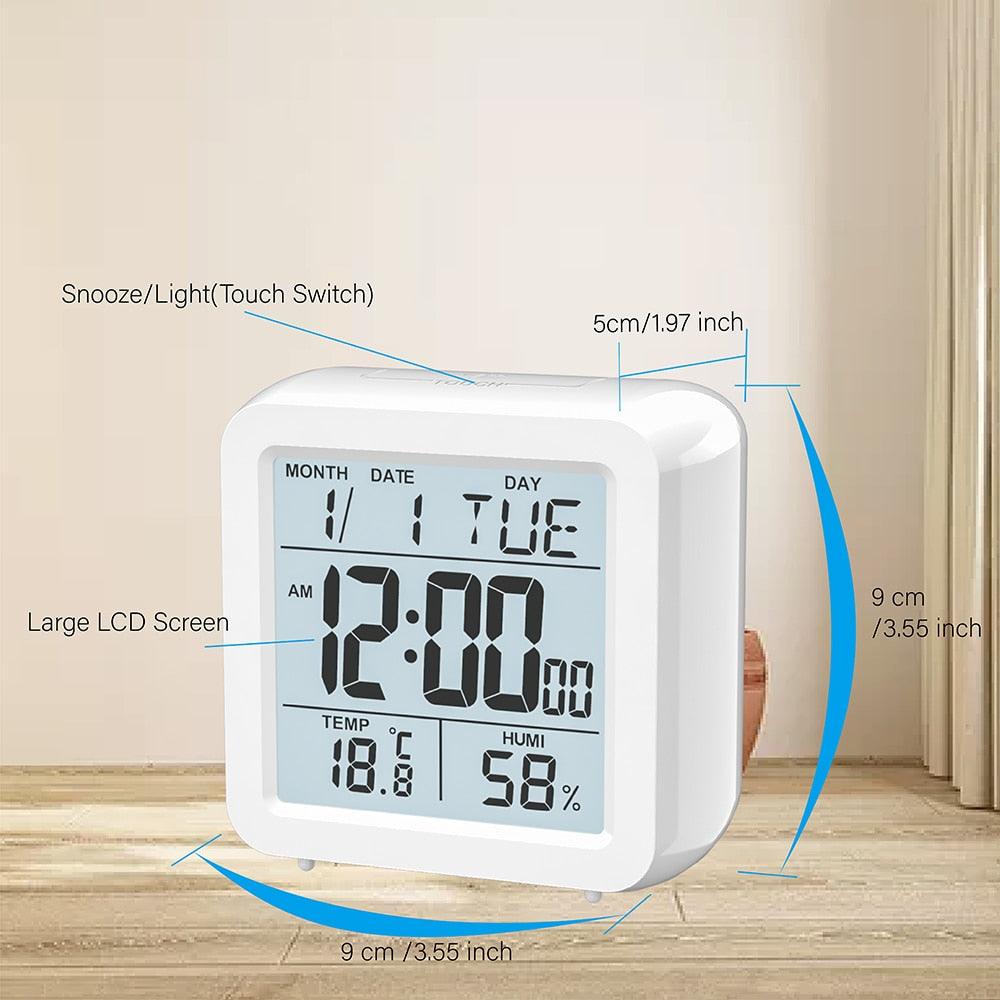 Digital Desktop LCD Snooze Calendar Alarm clock Digital Desktop Clock Electronic Digital Alarm Clocks for Bedroom Home Decor LCD Screen with Time/Calendar/Temperature Display White Bedroom Watch with Thermometer &amp; Hygrometer for Home  Battery Operated