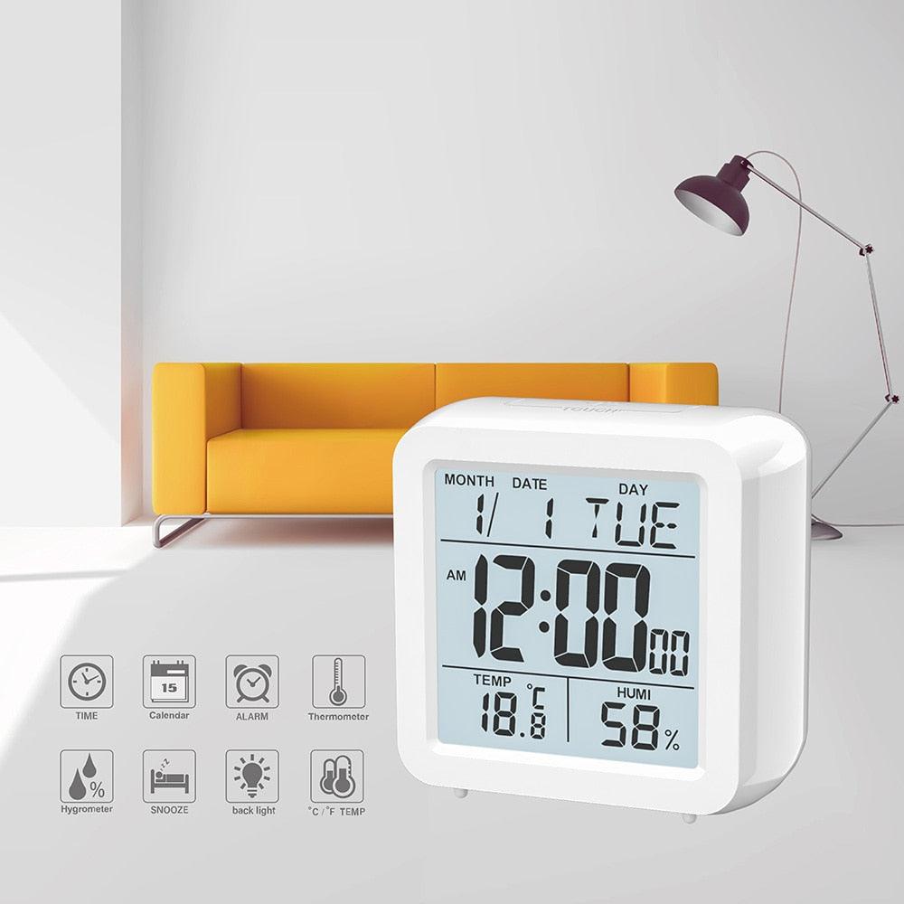 Digital Desktop LCD Snooze Calendar Alarm clock Digital Desktop Clock Electronic Digital Alarm Clocks for Bedroom Home Decor LCD Screen with Time/Calendar/Temperature Display White Bedroom Watch with Thermometer &amp; Hygrometer for Home  Battery Operated