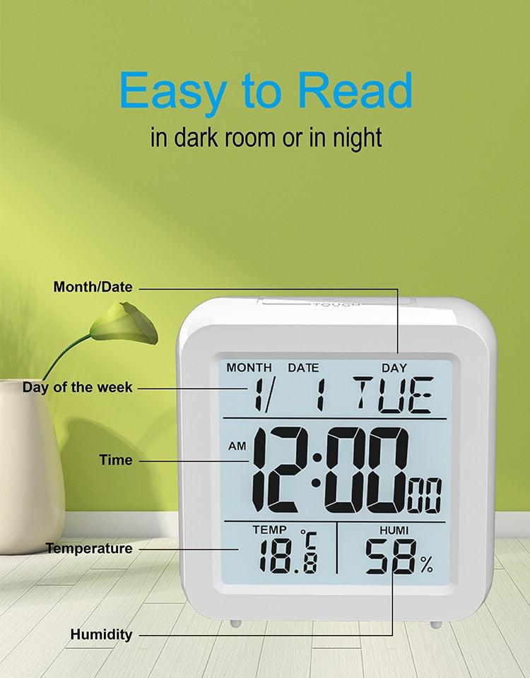 Digital Desktop LCD Snooze Calendar Alarm clock Digital Desktop Clock Electronic Digital Alarm Clocks for Bedroom Home Decor LCD Screen with Time/Calendar/Temperature Display White Bedroom Watch with Thermometer &amp; Hygrometer for Home  Battery Operated