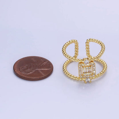 14K Gold Filled CZ Baguette Micro Paved Beaded Bubble Double Band Ring | O1318