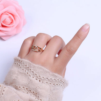 Double Circle Ring Cz Round Link Chain Dainty Open Adjustable Ring S-507