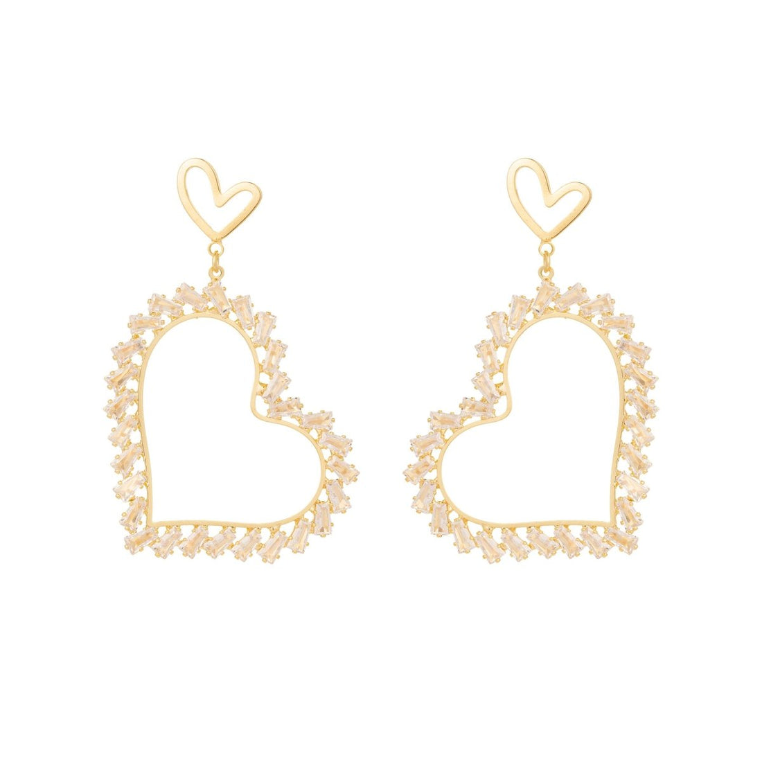 Double Heart CZ Baguette Heart Drop Stud Earrings | Earrings-00611