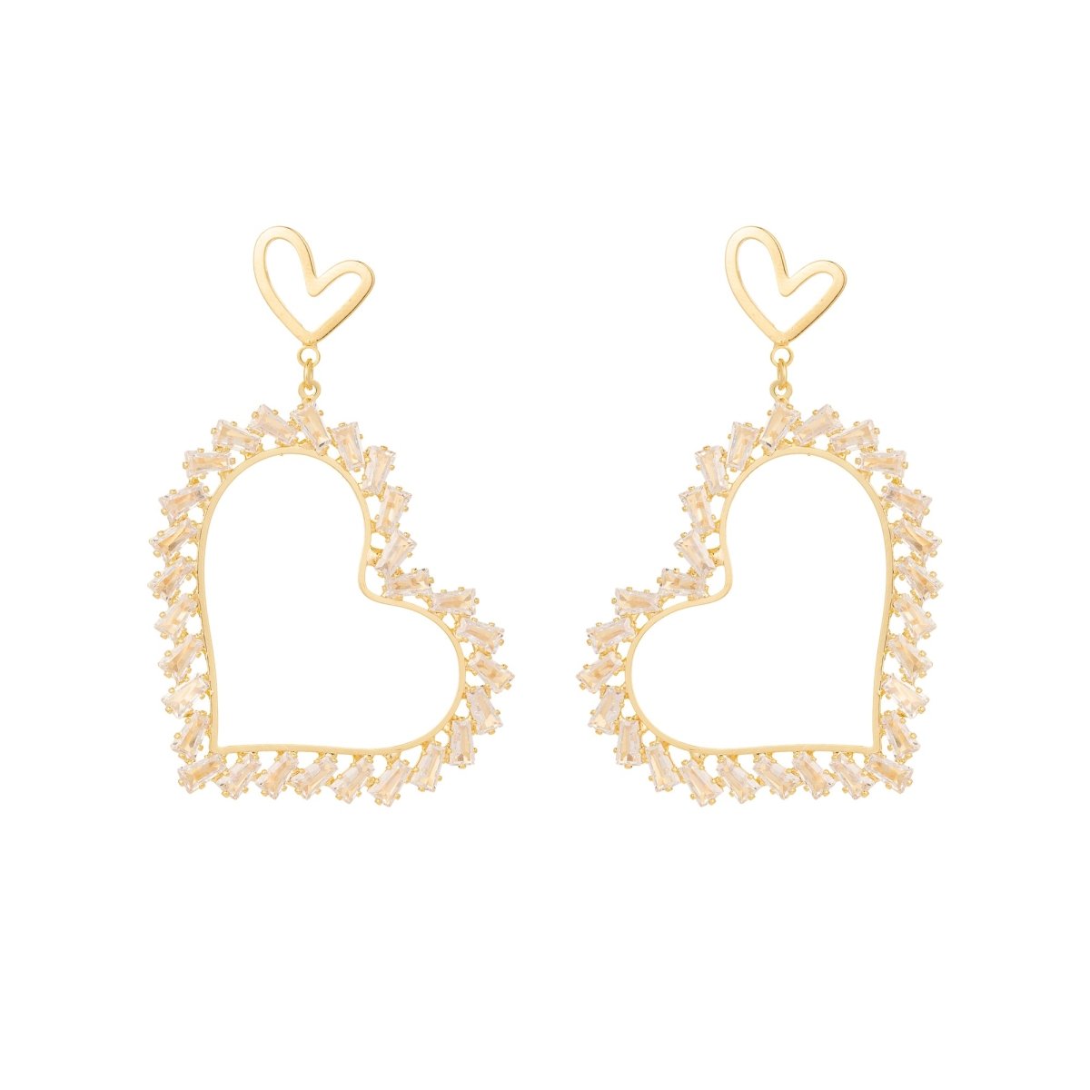 Double Heart CZ Baguette Heart Drop Stud Earrings | Earrings-00611
