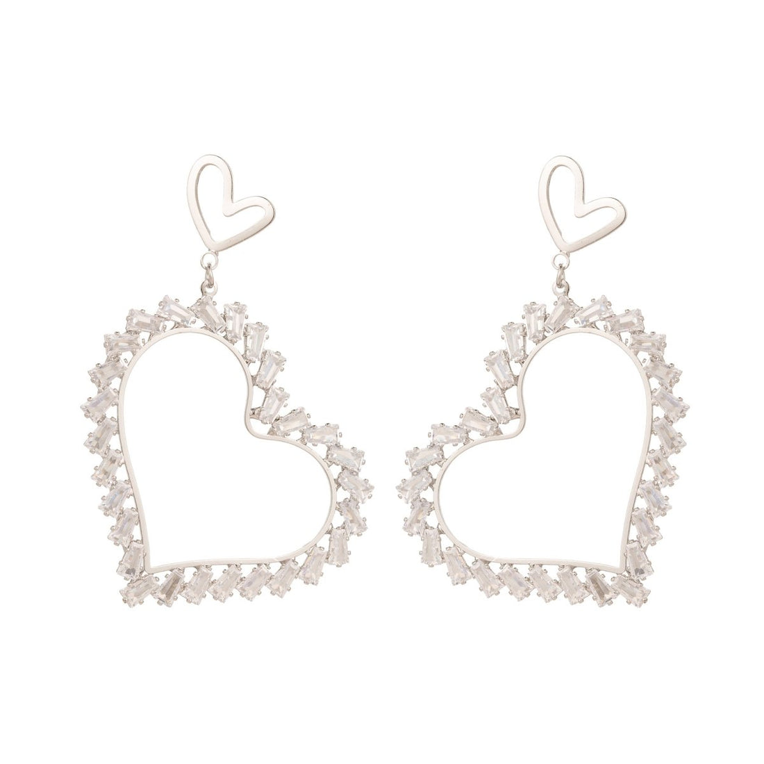 Double Heart CZ Baguette Heart Drop Stud Earrings | Earrings-00611