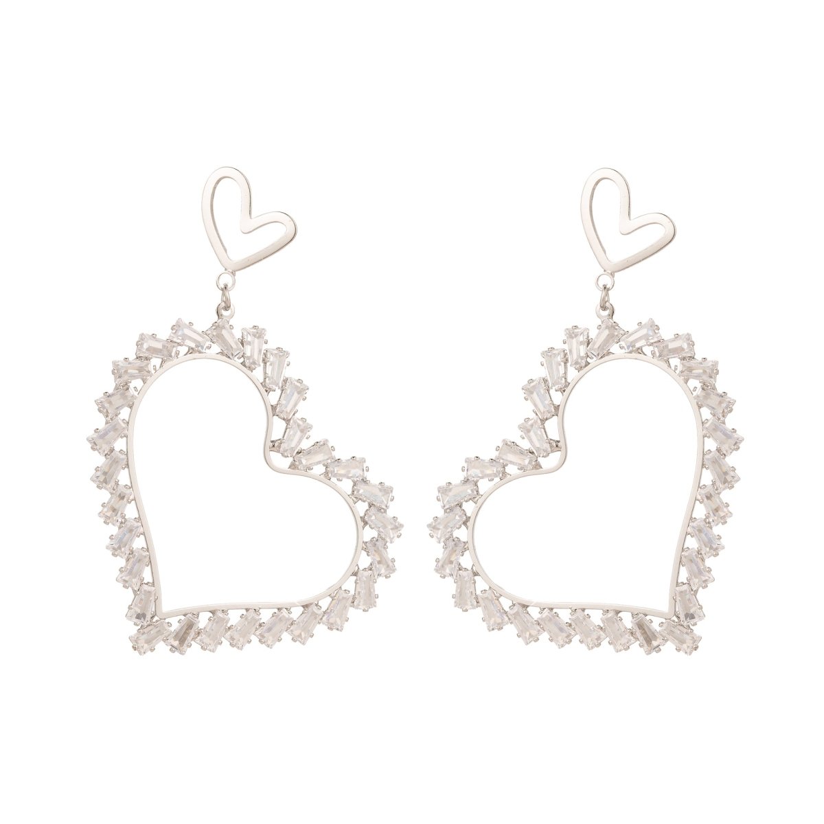 Double Heart CZ Baguette Heart Drop Stud Earrings | Earrings-00611