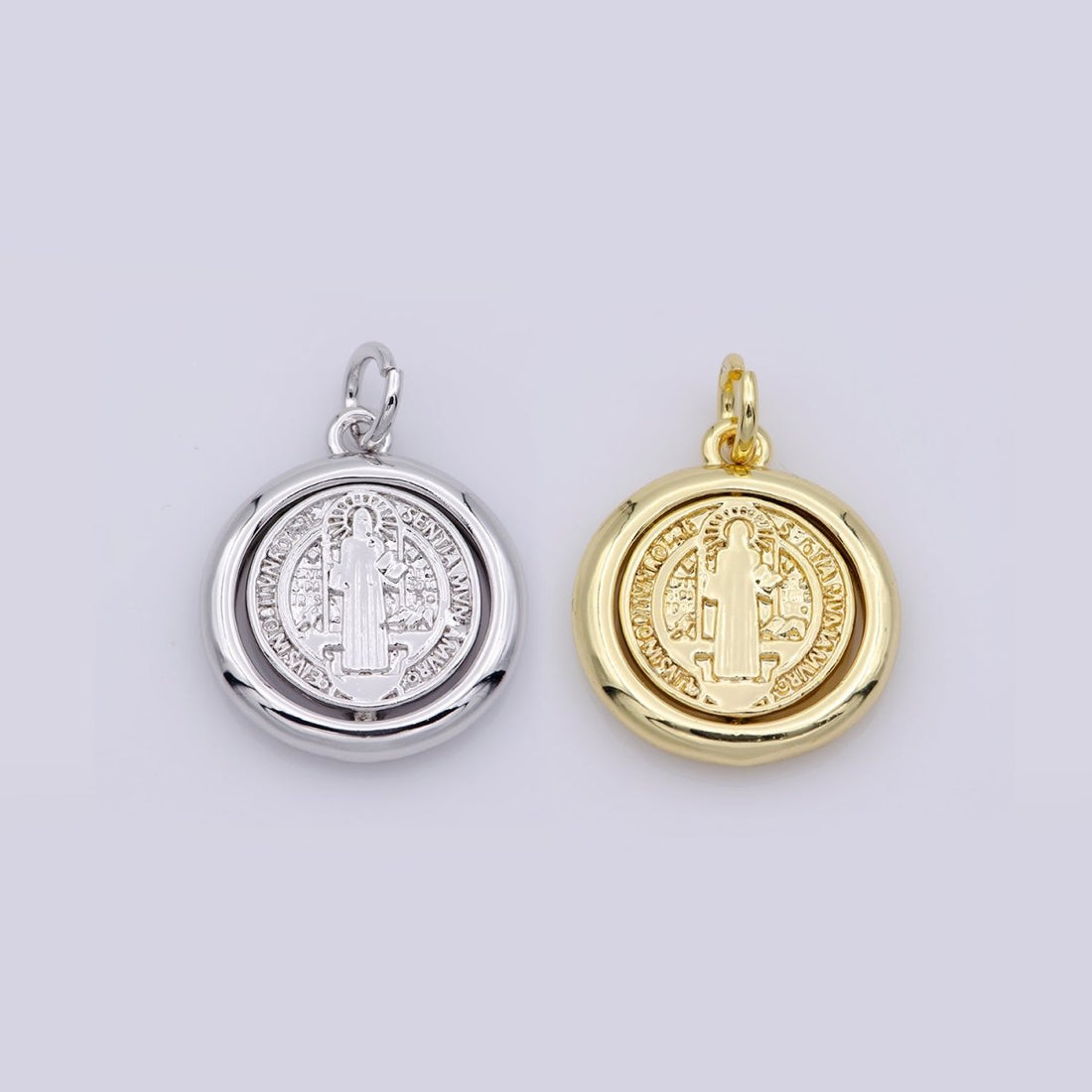 Double Sided Dainty Gold Filled Saint Benedict Charm Pray for You Spinner Pendant for Religious Jewelry Making Inspired M487
