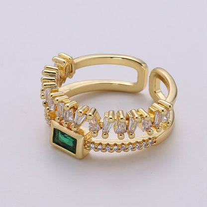 Double Stack gemstone ring- cocktail gemstone ring - topaz ring - Dainty Gold Open ring - Adjustable Gold band ring blue Pink Green Cz Ring R-155 to R-157