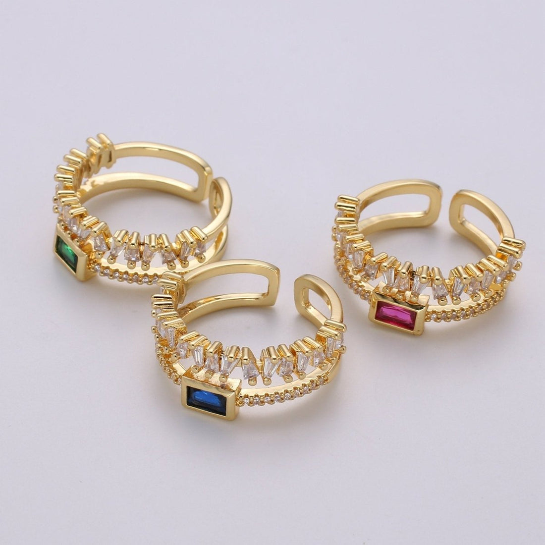Double Stack gemstone ring- cocktail gemstone ring - topaz ring - Dainty Gold Open ring - Adjustable Gold band ring blue Pink Green Cz Ring R-155 to R-157