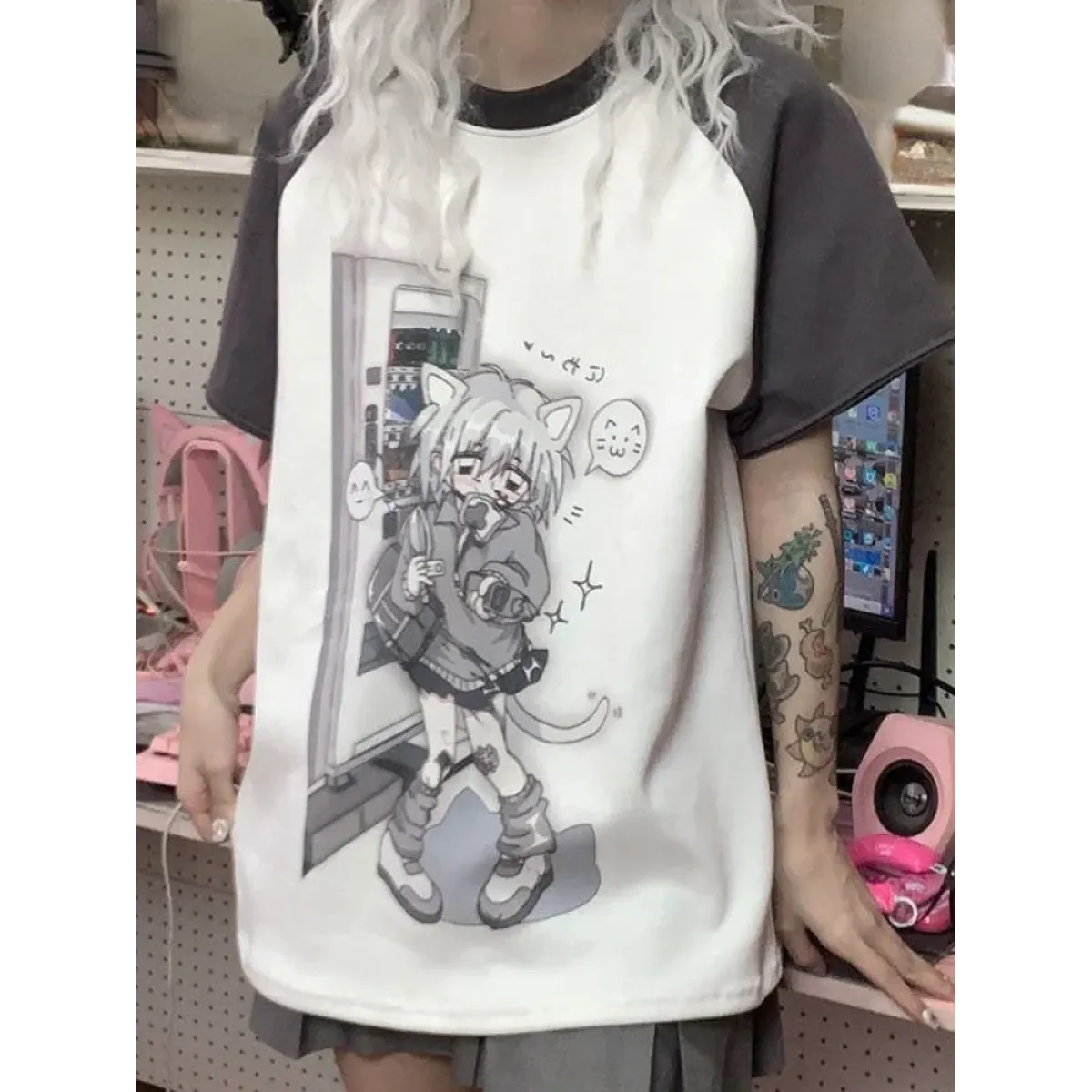 Dreamy Detachable Sleeve Tee – Kawaii Cat &amp; Anime Harajuku Style Top