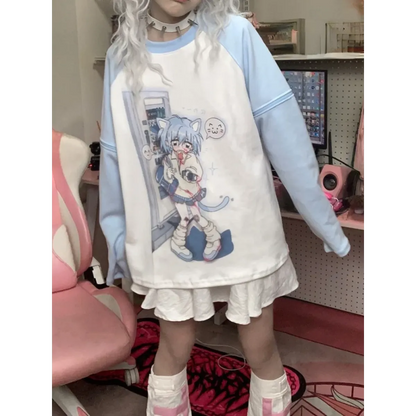 Dreamy Detachable Sleeve Tee – Kawaii Cat &amp; Anime Harajuku Style Top