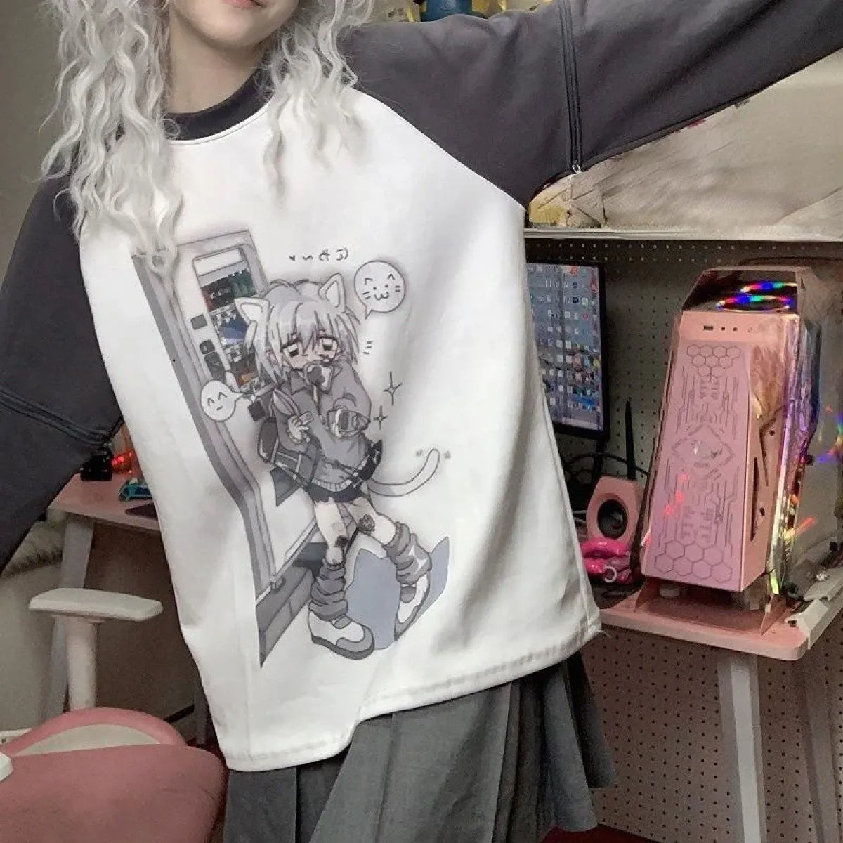 Dreamy Detachable Sleeve Tee – Kawaii Cat &amp; Anime Harajuku Style Top