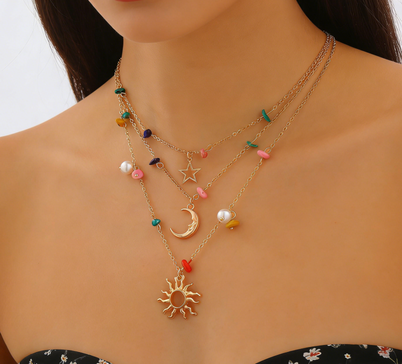 Bohemian Irregular Chip Stone Sun &amp; Moon Necklace