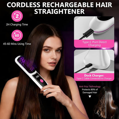 Hair Straightener, Cordless Hair Straightening Brush Portable Cordless Comb with Base Negative Ion Rechargeable Brush for Frizz-Free Shine Straightening, 6400mAh Fast Heating (Black)