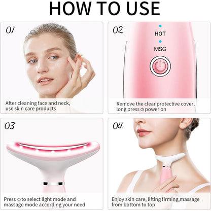 Neck Face Massager, Skin Care Face Massage Tool, 3-in-1 Facial Massager, Face Sculpting Tool with Thermals, Vibration (Pink)