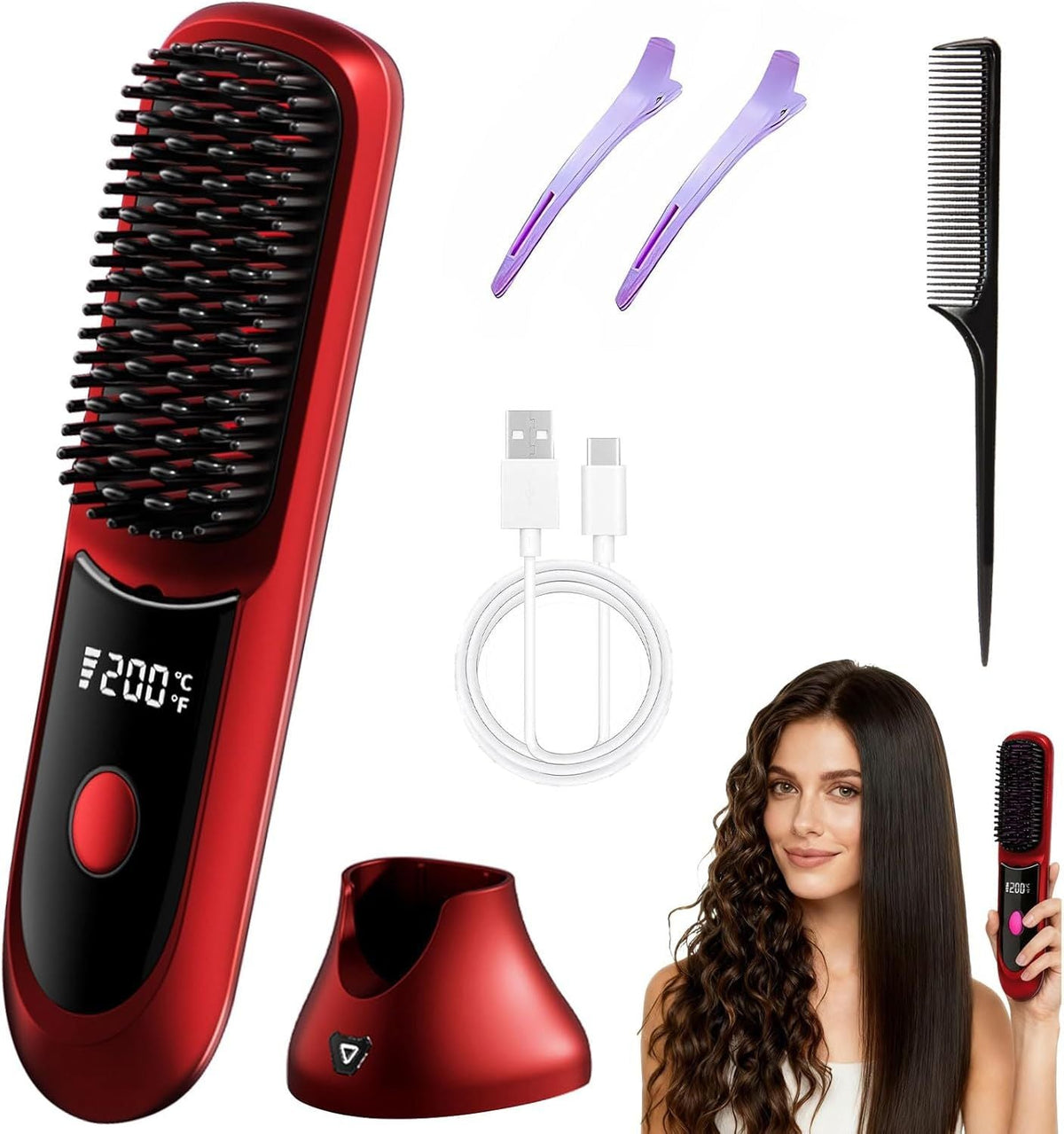 Hair Straightener, Cordless Hair Straightening Brush Portable Cordless Comb with Base Negative Ion Rechargeable Brush for Frizz-Free Shine Straightening, 6400mAh Fast Heating (Black)