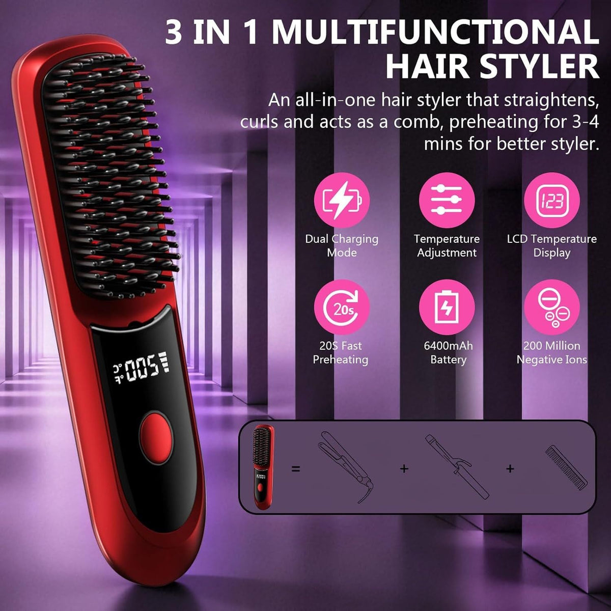 Hair Straightener, Cordless Hair Straightening Brush Portable Cordless Comb with Base Negative Ion Rechargeable Brush for Frizz-Free Shine Straightening, 6400mAh Fast Heating (Black)