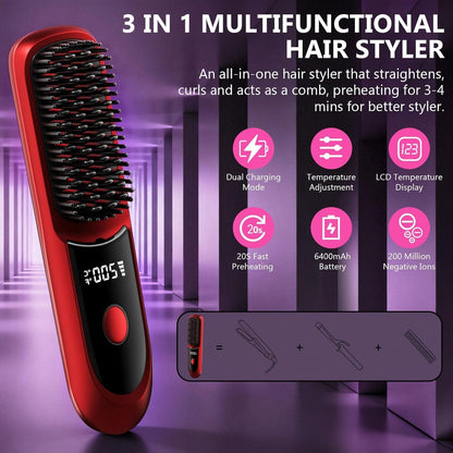 Hair Straightener, Cordless Hair Straightening Brush Portable Cordless Comb with Base Negative Ion Rechargeable Brush for Frizz-Free Shine Straightening, 6400mAh Fast Heating (Black)