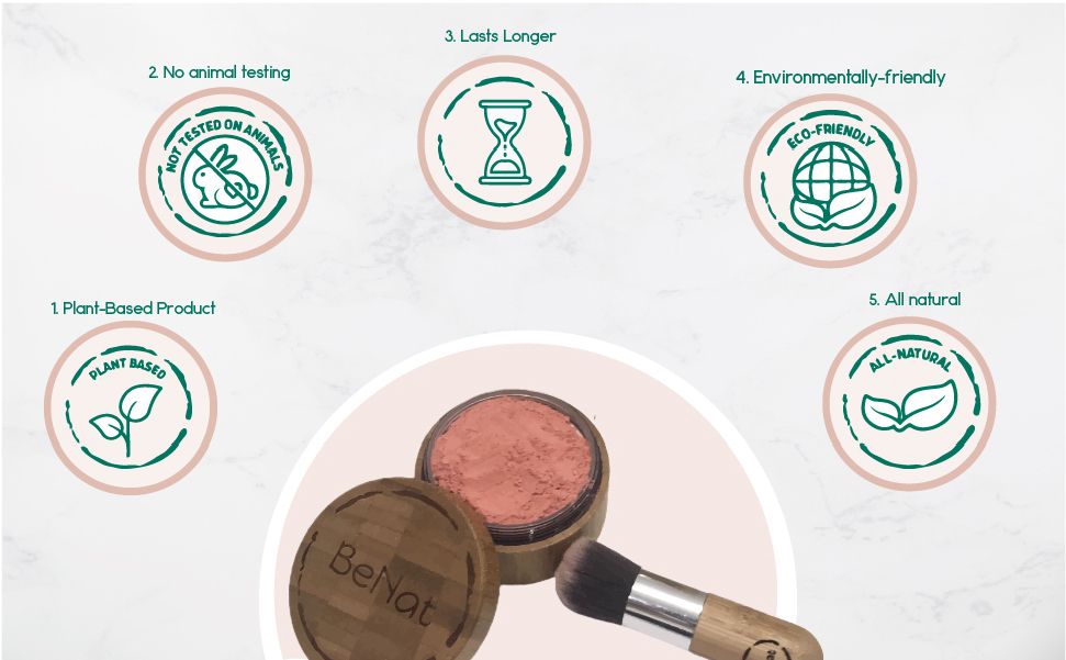 BeNat All-Natural Blush Loose Powder | Reusable Bamboo Container with Refills | Vegan &amp; Lightweight Face Makeup