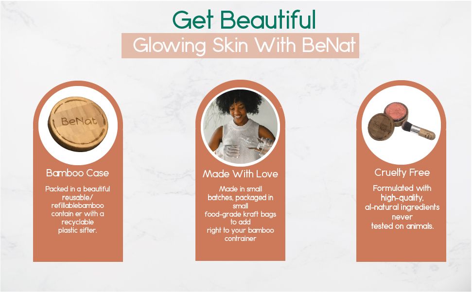 BeNat All-Natural Blush Loose Powder | Reusable Bamboo Container with Refills | Vegan &amp; Lightweight Face Makeup