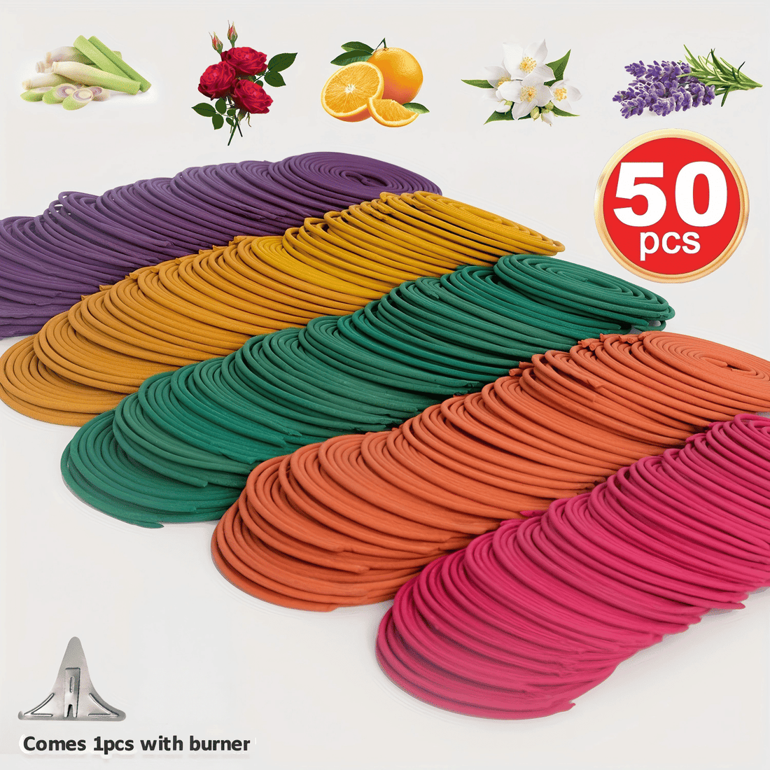 50pcs Spiral Incense, Lemongrass, Rose, Jasmine, Lavender Orange Aromatherapy Coils, Burning Time 3-4 Hours Suitable for Air Purification, Yoga, Meditation,, Best Gift Choice, Fitness, Home Relaxation