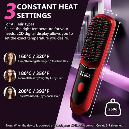 Hair Straightener, Cordless Hair Straightening Brush Portable Cordless Comb with Base Negative Ion Rechargeable Brush for Frizz-Free Shine Straightening, 6400mAh Fast Heating (Black)