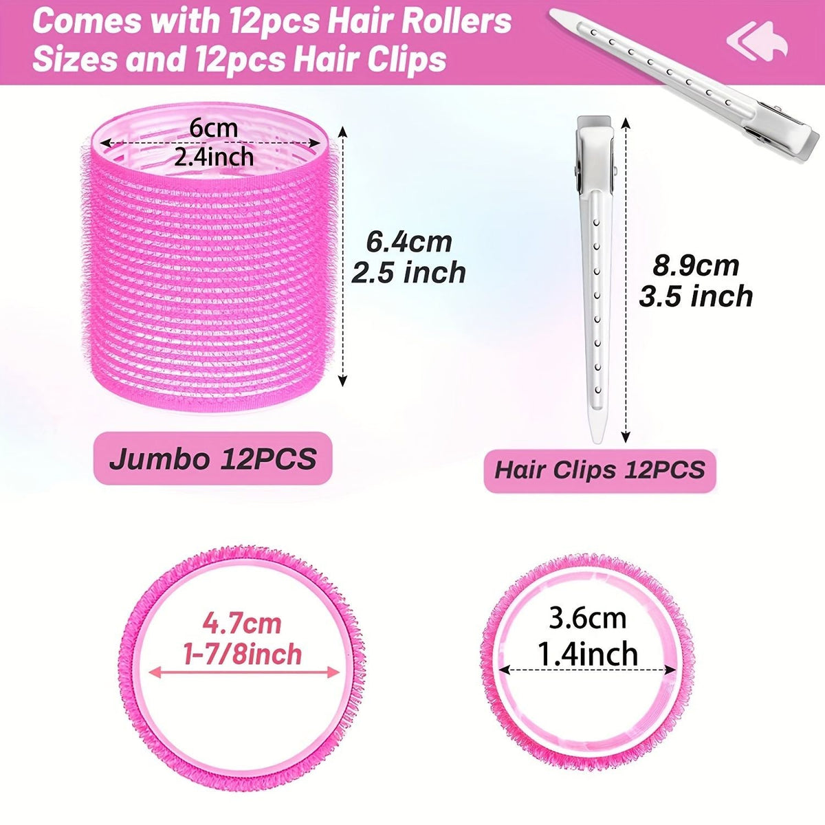 24pcs Jumbo Hair Curlers with Self-Grip Clips for Long, Medium, Short, Thick, and Thin Hair - Perfect for Bangs, Volume, and DIY Hair Dressing