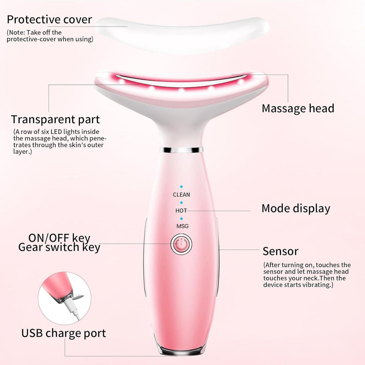 Neck Face Massager, Skin Care Face Massage Tool, 3-in-1 Facial Massager, Face Sculpting Tool with Thermals, Vibration (Pink)