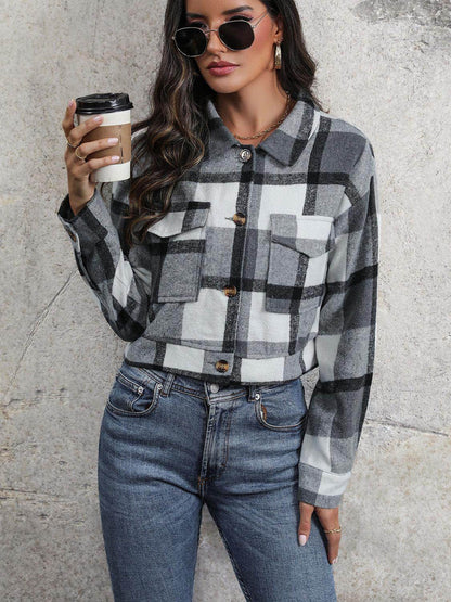 Perfee Plaid Button Up Drop Shoulder Cropped Jacket for Women