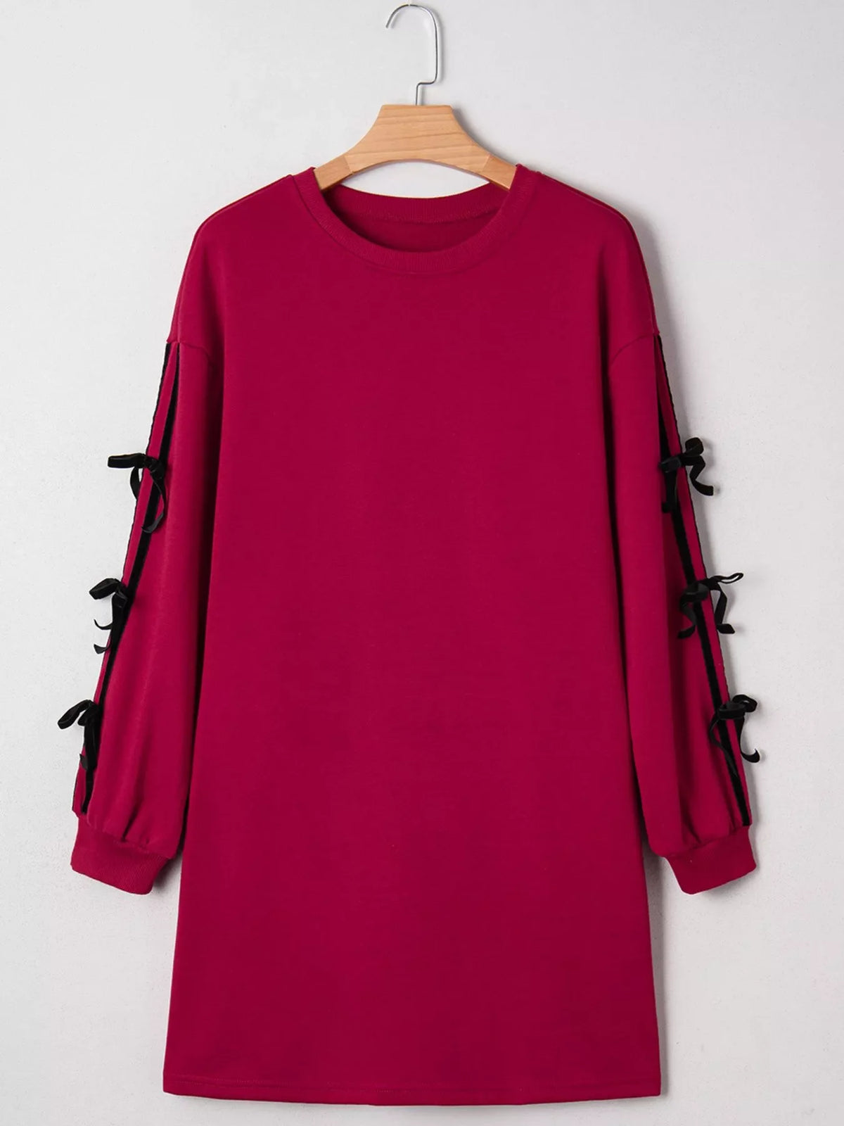 Contrast Striped Bow Detail Drop Shoulder Sweatshirt Dress with Pockets