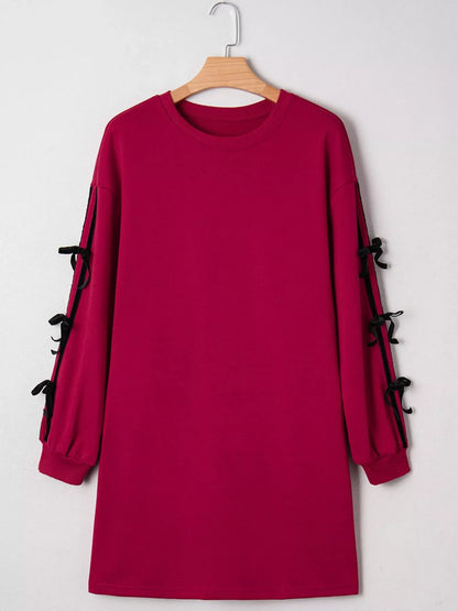Contrast Striped Bow Detail Drop Shoulder Sweatshirt Dress with Pockets