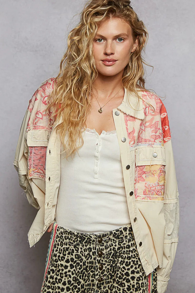 POL Printed Woven Mix Raw Hem Jacket with Lace Detail