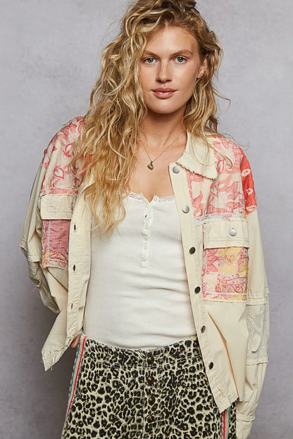 POL Printed Woven Mix Raw Hem Jacket with Lace Detail