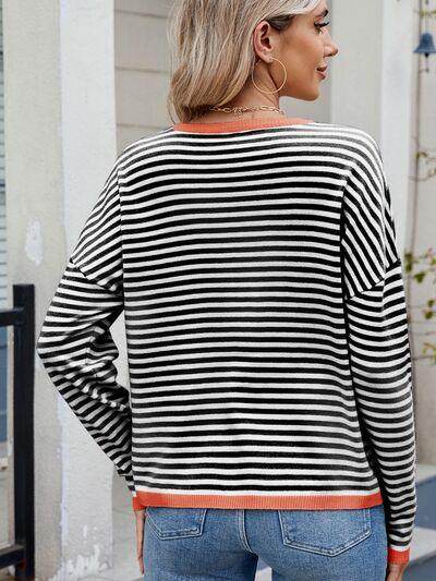 Striped Contrast Round Neck Long Sleeve Sweater for Women