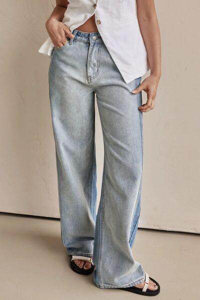 Contrast Straight Leg Jeans with Pockets for Women