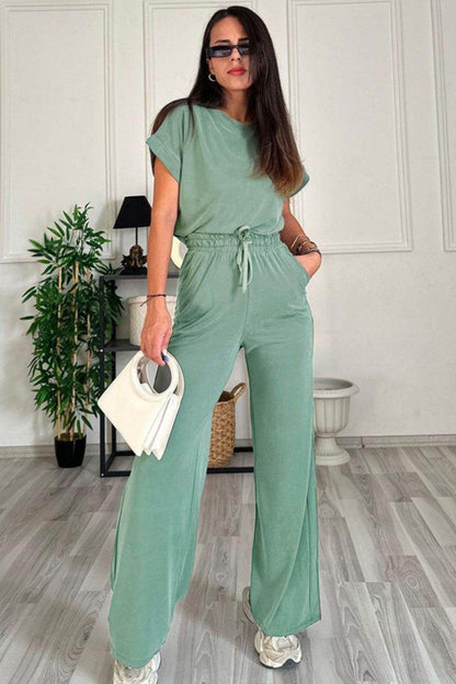Round Neck Short Sleeve Top and Drawstring Pants Set for Women