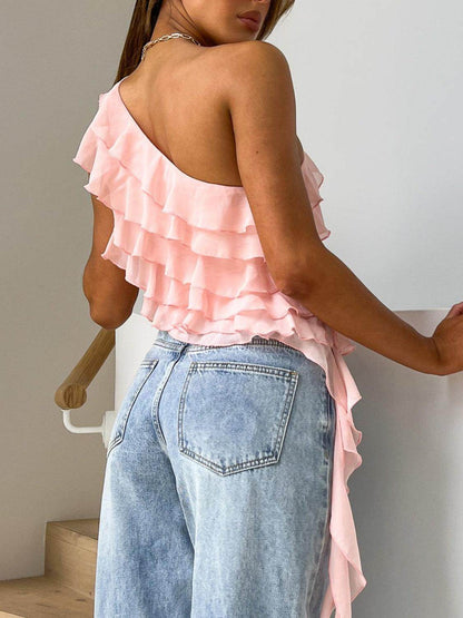 Layered Ruffled One Shoulder Tank for Stylish Women
